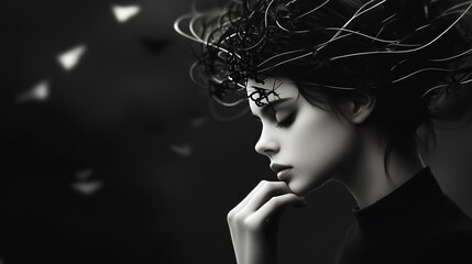 Poster - A young woman in contemplative pose with flowing dark hair adorned with abstract wire designs against a contrasting background