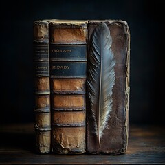 Poster - Vintage book with a quill feather balanced on top the contrast of the dark background and soft glow highlighting the texture of the pages perfect for a moody World Book Day visual