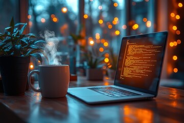 Poster - A laptop computer is open on a table with a cup of coffee next to it