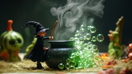 Witch Brewing Potion with Bubbles and Smoke.