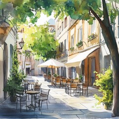 European City Street Cafe in Summer. Watercolor Illustration of Cozy Outdoor Dining