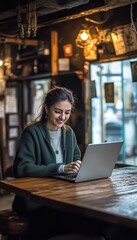 Poster - Smiling Young Woman Working on Laptop in Cozy Cafe, Enjoying Her Coffee Break and Remote Work