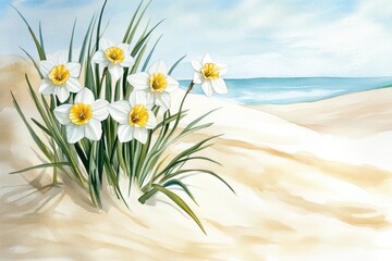 Hand-Drawn Watercolor Sea Daffodils on Sandy Coastal Beach with Copy Space