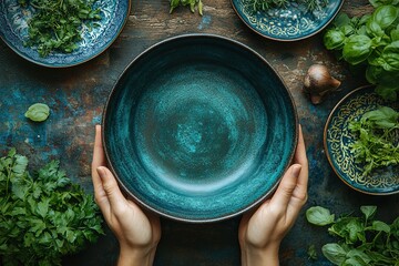 A person is holding a blue bowl with a green plant in it