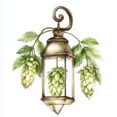 Canvas Print - Retro Lantern with Fresh Green Hops. Botanical Watercolor Illustration of Hops Plant Isolated on White Background