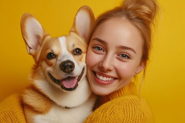 Joyful young european lady cradles her beloved cute corgi dog, both looking at camera posing against vibrant yellow background, Generative AI