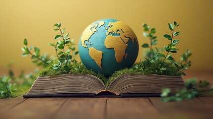 Poster - Whimsical 3D illustration celebrating World Book Day depicting a colorful globe atop an open book with branches and leaves sprouting around it embodying the growth of ideas and exploration