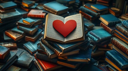 Poster - Whimsical 3D scene of a blank love story book with heartshaped pages placed atop piles of various textbooks showcasing the beauty of literature and love for reading on World Book Day