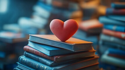 Poster - Whimsical 3D scene of a blank love story book with heartshaped pages placed atop piles of various textbooks showcasing the beauty of literature and love for reading on World Book Day