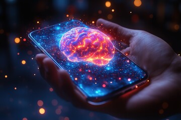 Wall Mural - A hand holding a cell phone with a brain on the screen