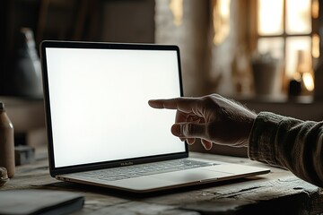 Poster - A person is pointing at a laptop screen with a white background