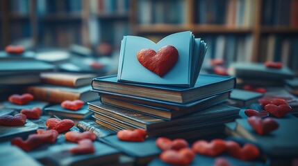 Poster - Whimsical 3D scene of a blank love story book with heartshaped pages placed atop piles of various textbooks showcasing the beauty of literature and love for reading on World Book Day