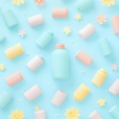 Colorful pastel bottles with white caps arranged alongside pink daisies and mint leaves on a light blue background. Fresh and vibrant spring layout with copy space. Health and beauty product concept f