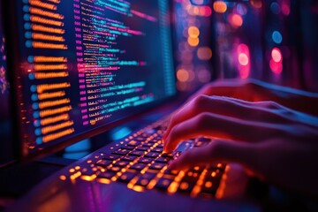 Close-up of hands typing code on a keyboard with a computer monitor displaying lines of code in the background.