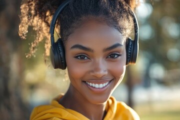 Young african american athletic woman smiling happily wearing headphones, Generative AI