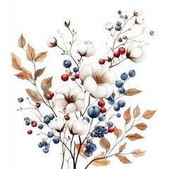 Wall Mural - Watercolor Floral Bouquet with Cotton, Berries, and Leaves for Wedding Decor and Textile Prints