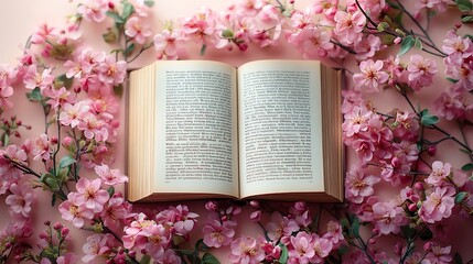 Poster - Whimsical flat lay design for World Book Day featuring an open storybook with floral decorations soft pastel colors and a generous copy space for creative expressions of love for reading