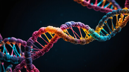 A detailed close-up of a DNA strand with highlighted red markers, showcasing the complexity of genetic information. The dark background adds depth, emphasizing the molecular structure.