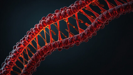 A detailed close-up of a DNA strand with highlighted red markers, showcasing the complexity of genetic information. The dark background adds depth, emphasizing the molecular structure.