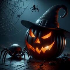 A spooky Halloween scene featuring a carved pumpkin, spider, and candle lit atmosphere