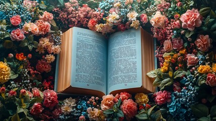Poster - Whimsical flat lay design for World Book Day featuring an open storybook with floral decorations soft pastel colors and a generous copy space for creative expressions of love for reading