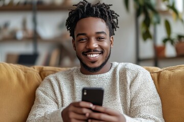 Happy african man using phone while sitting on sofa at his home. Concept of young people working on mobile devices, Generative AI