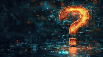 Poster - Digital abstract space with a large, glowing-edged question mark, capturing a sense of futuristic inquiry and exploration.