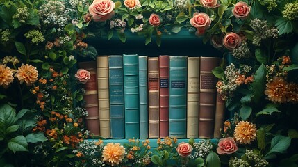 Poster - Whimsical flat lay design for World Book Day with a mix of classic novels delicate floral accents and generous copy space capturing the essence of literature and nature harmoniously