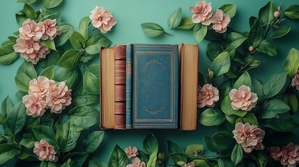 Poster - Whimsical flat lay design for World Book Day with a mix of classic novels delicate floral accents and generous copy space capturing the essence of literature and nature harmoniously