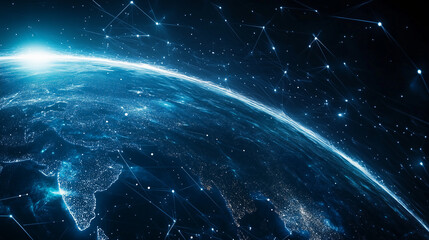 Abstract digital blue planet Earth with glowing connections and global network concept on a dark background, a technology wallpaper. Big data world map.