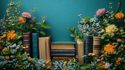 Poster - Whimsical flat lay design for World Book Day with a mix of classic novels delicate floral accents and generous copy space capturing the essence of literature and nature harmoniously