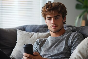 Checking his messages over coffee. Handsome young man checking his messages and drinking coffee at home. Man using smartphone drinking coffee at home, Generative AI