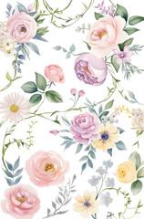  Elegant Watercolor Floral Pattern with Pastel Flowers and Greenery