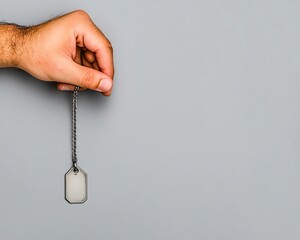 A close-up image of a hand holding a blank tag on a gray background. This minimalistic photo is ideal for branding or showcasing creative ideas in a professional setting.