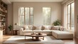 © Sharif54 - A modern living room with a large beige sectional sofa, a wooden coffee table, and a warm, natural lighting coming through a window.