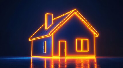 Poster - Glowing neon outline of a house in bright orange against a dark blue backdrop, symbolizing comfort and home.