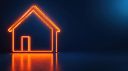 Poster - Glowing neon outline of a house in bright orange against a dark blue backdrop, symbolizing comfort and home.