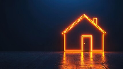 Poster - Glowing neon outline of a house in bright orange against a dark blue backdrop, symbolizing comfort and home.