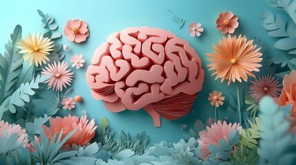 Poster - Whimsical paper cut design of a human brain surrounded by a bouquet of colorful flowers on a sunny blue background representing the themes of mental health awareness and emotional wellness