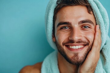 Portrait of a handsome man with a towel, looking at the camera with a smile, touches his face in happiness, isolated on a blue background. Skin care concept. horizontal, Generative AI