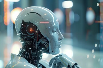 Poster - Futuristic female robot is thinking about something in a laboratory with blue lights
