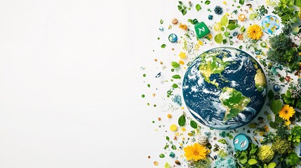 Poster - White background with Earth illustrated in vibrant greens and blues surrounded by ecofriendly icons like trees recycling symbols and a clear space for text embodying World Environment Day