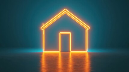 Poster - Neon house outline glowing in orange against a calm blue background, symbolizing home and safety.