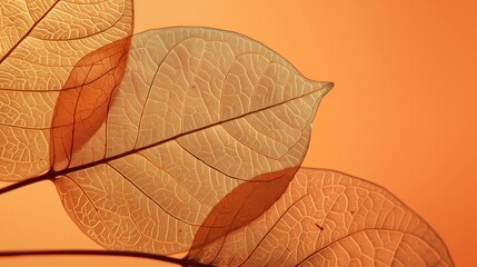 delicate leaves, translucent, orange background, nature concept, texture, close up, warm tones, artistic photography, light play, botanical details, serene atmosphere