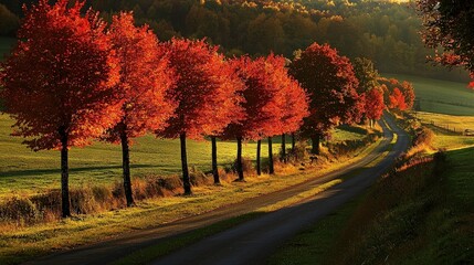  A winding country road lined with vibrant red trees in an autumnal landscape, bathed in the golden light of the morning sun.