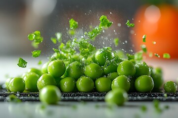 Close-up of fresh green peas with water drops