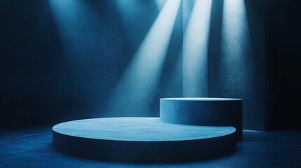 Aufkleber - A circular stage rests in a dimly lit venue, surrounded by soft blue lights streaming down from above. The atmosphere suggests a performance or presentation is about to begin.