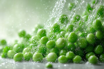 Fresh green peas under refreshing water splash