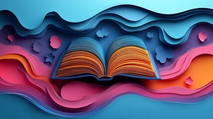 Poster - Abstract 3D World Book Day illustration with paper cut elements showing an open book in bright gradient colors surrounded by swirling cutout shapes on a minimalistic background for a modern aesthetic