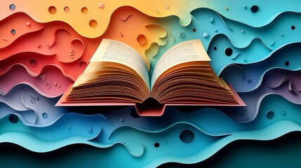 Poster - Abstract 3D World Book Day illustration with paper cut elements showing an open book in bright gradient colors surrounded by swirling cutout shapes on a minimalistic background for a modern aesthetic